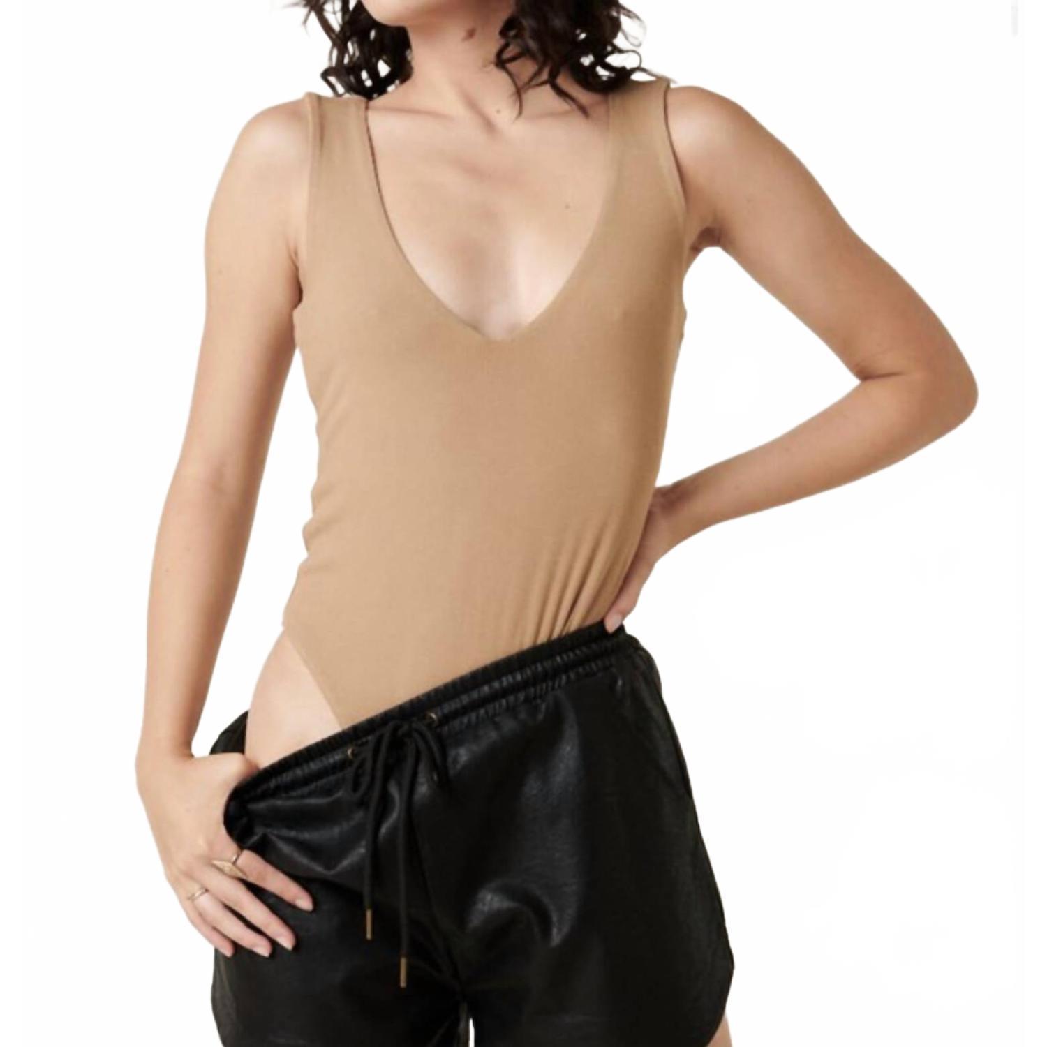 New Mittoshop Suzy Deep V-Neck Bodysuit In Camel